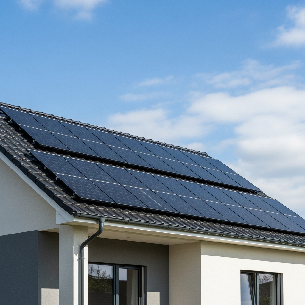 Maison moderne avec panneaux solaires sur le toit